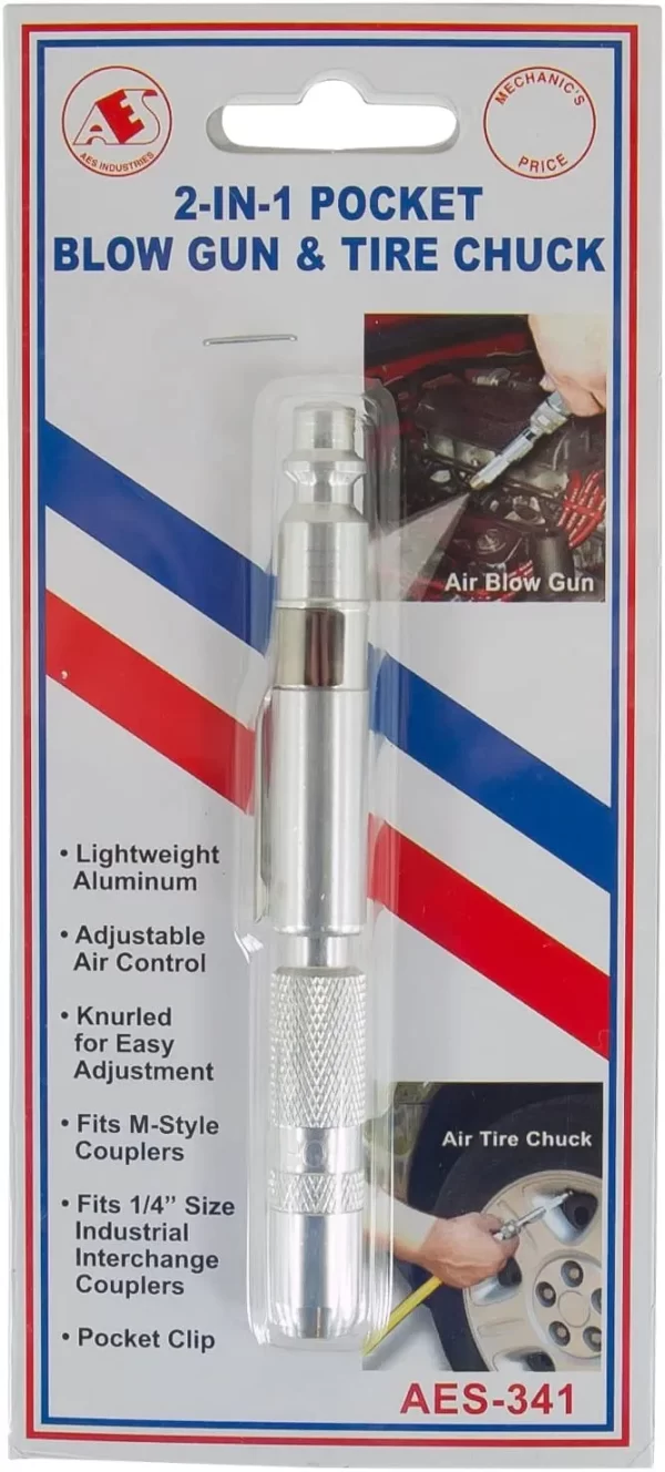 2-in-1 Pocket Air Blow Gun and Tire Chuck Aluminum Body 1/4" Industrial Coupler Compatible